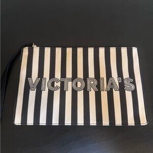 Victoria's Secret Black and Cream Striped Wristlet Canvas Pouch